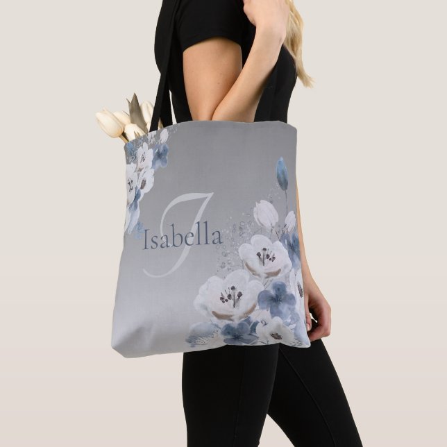 Winter Watercolor Floral Monogram Personalised Tote Bag (Close Up)