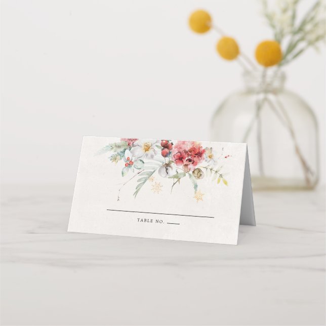 Winter Watercolor Floral Snowflake Place Card (Front)