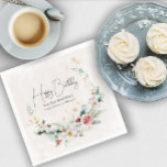 Winter Watercolor Flower Snowflake 100th Birthday Napkin<br><div class="desc">Beautiful soft modern red and white flowers are nestled in soft green leaves to create an elegant half wreath. Soft gold snowflakes add a festive holiday vibe. Sophisticated and chic. Happy Birthday is written in a trendy open and airy script. Two lines of text below let you customise your birthday...</div>