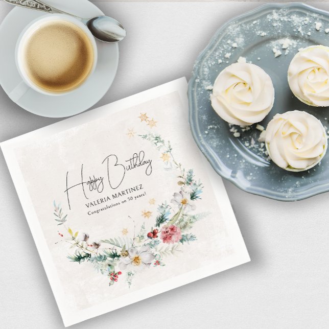 Winter Watercolor Flower Snowflake 50th Birthday  Napkin (Need more matching party supplies? Message me. )