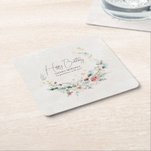 Winter Watercolor Flower Snowflake 50th Birthday Square Paper Coaster