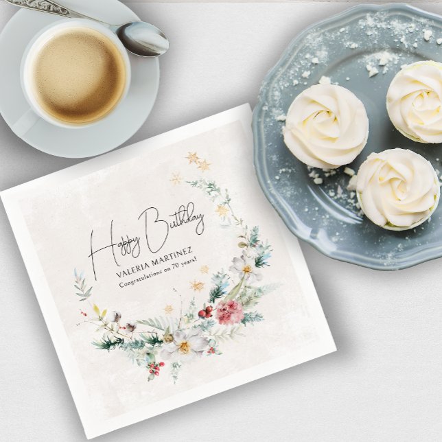 Winter Watercolor Flower Snowflake 70th Birthday Napkin (Need more matching party supplies? Message me!)