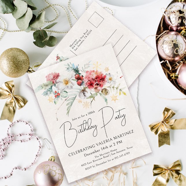 Winter Watercolor Flowers 100th Birthday Party Invitation Postcard (Need a matching welcome sign. Napkins, paper plates. Something else? Message me!)