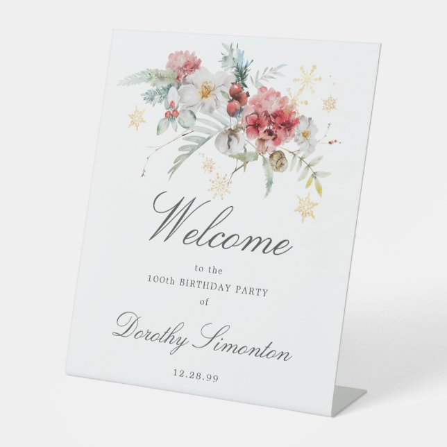 Winter Watercolor Flowers 100th Birthday Welcome Pedestal Sign (Front)