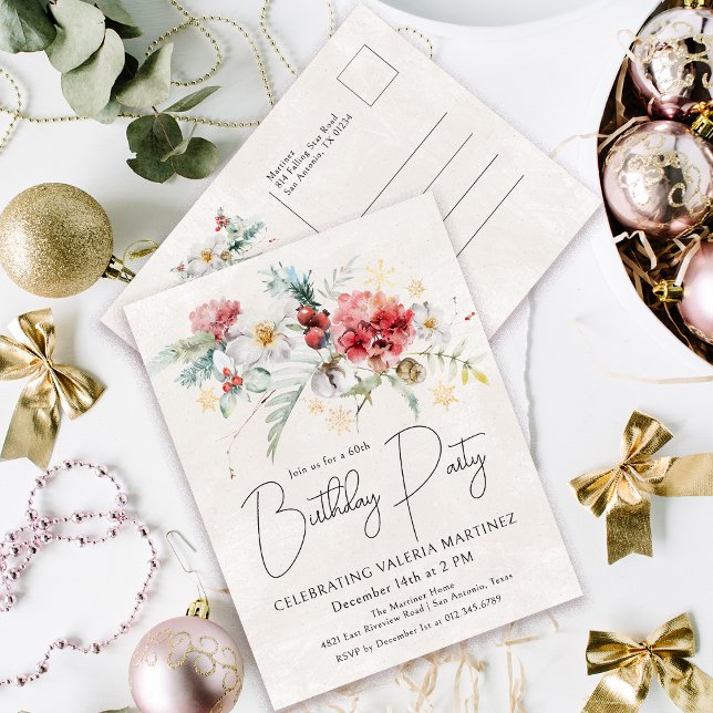 Winter Watercolor Flowers 60th Birthday Party Invitation Postcard (Need a matching welcome sign? Napkins, paper plates. Something else? Message me!)