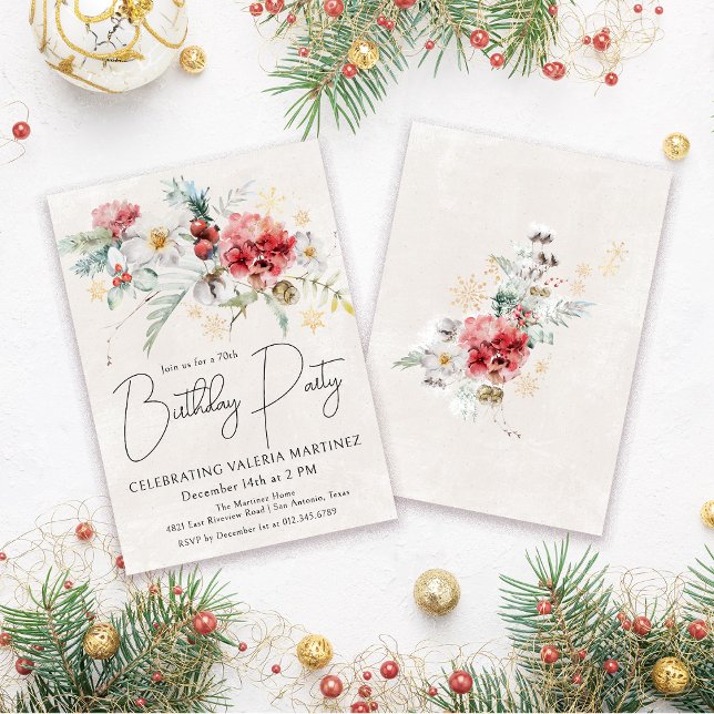 Winter Watercolor Flowers 70th Birthday Party Invitation (Need a matching welcome sign? Maybe paper plates or napkins. Something else? Message me!)