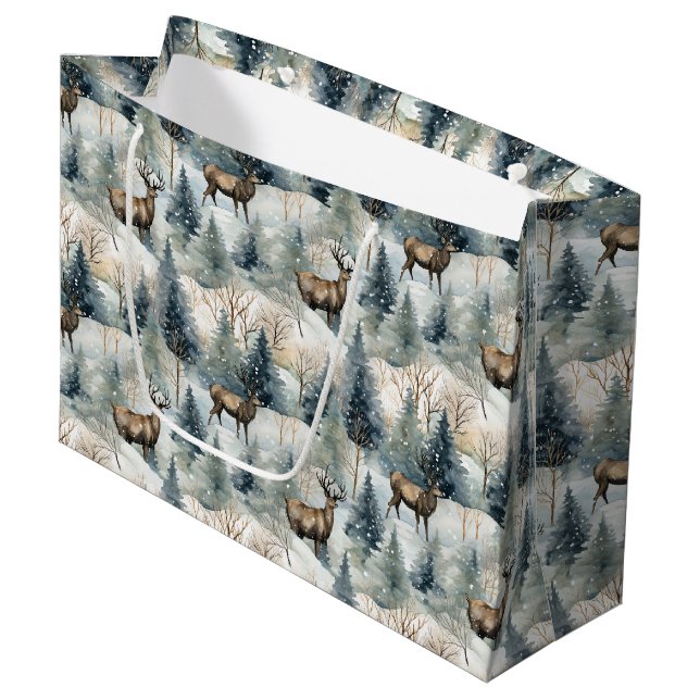 Winter Watercolor Forest Deer (1) Large Gift Bag (Front Angled)