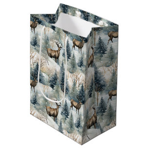 Winter Watercolor Forest Deer (1) Medium Gift Bag