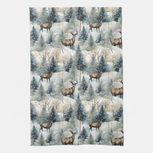 Winter Watercolor Forest Deer (1) Tea Towel