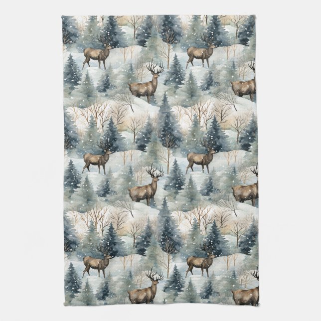 Winter Watercolor Forest Deer (1) Tea Towel (Vertical)