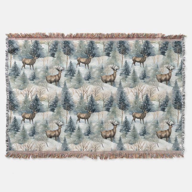 Winter Watercolor Forest Deer (1) Throw Blanket (Front)