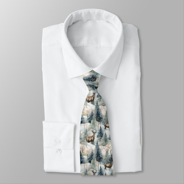 Winter Watercolor Forest Deer (1) Tie (Tied)