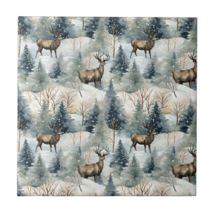 Winter Watercolor Forest Deer (1) Tile