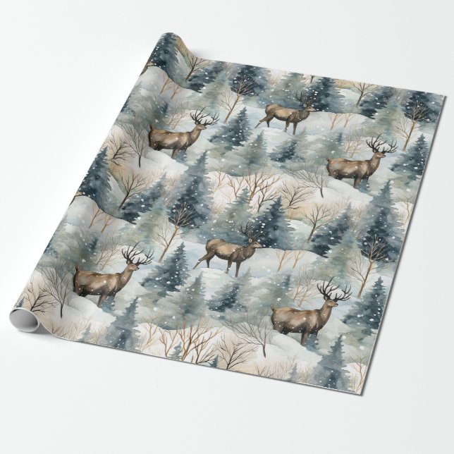 Winter Watercolor Forest Deer (1) Wrapping Paper (Unrolled)