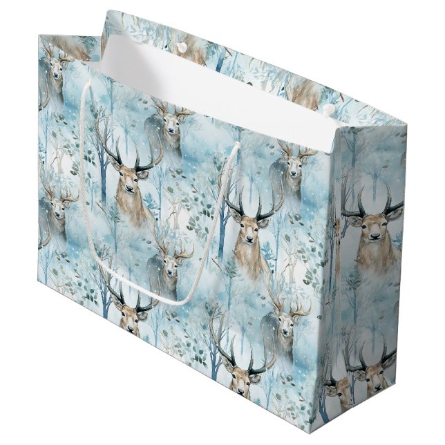 Winter Watercolor Forest Deer (2) Large Gift Bag (Front Angled)