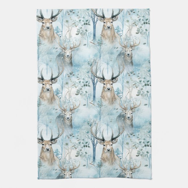 Winter Watercolor Forest Deer (2) Tea Towel (Vertical)