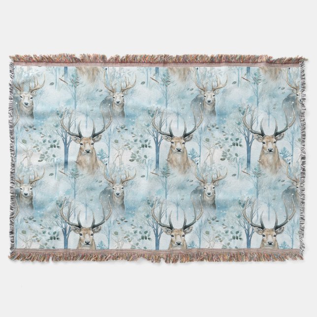 Winter Watercolor Forest Deer (2) Throw Blanket (Front)