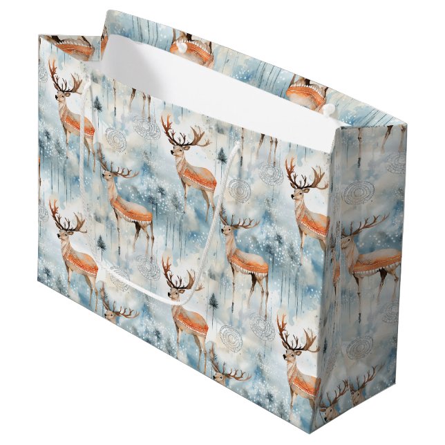 Winter Watercolor Forest Deer (3) Large Gift Bag (Front Angled)