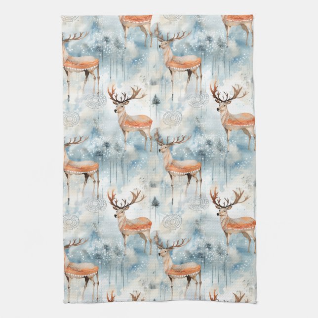 Winter Watercolor Forest Deer (3) Tea Towel (Vertical)
