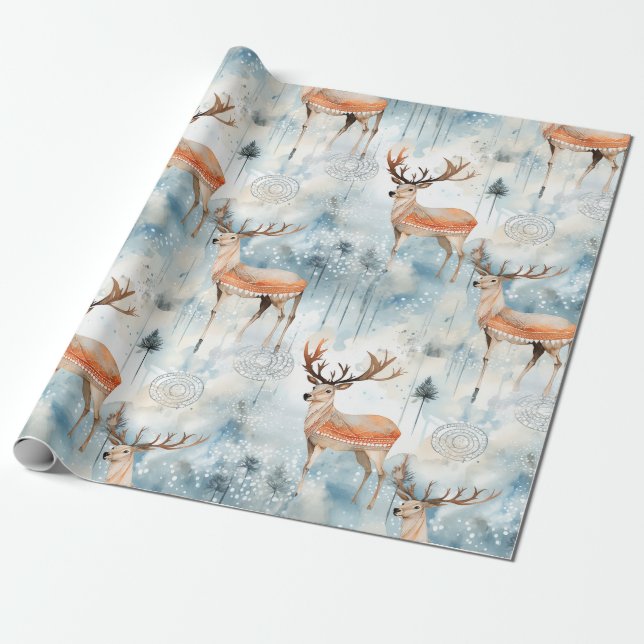 Winter Watercolor Forest Deer (3) Wrapping Paper (Unrolled)