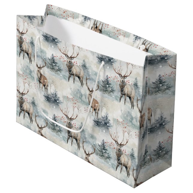 Winter Watercolor Forest Deer (4) Large Gift Bag (Front Angled)