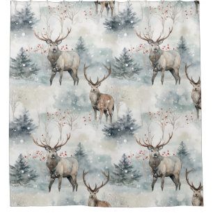 Winter Watercolor Forest Deer (4) Shower Curtain