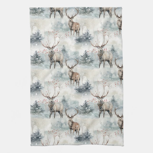 Winter Watercolor Forest Deer (4) Tea Towel (Vertical)