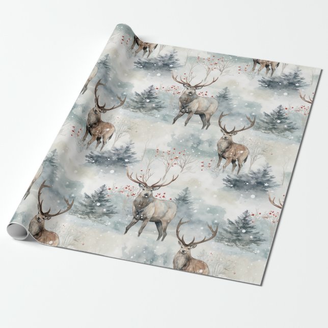 Winter Watercolor Forest Deer (4) Wrapping Paper (Unrolled)