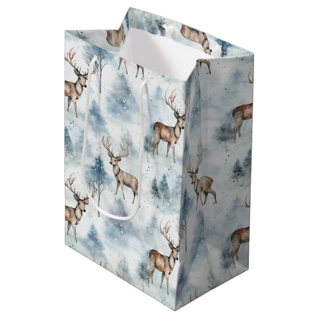 Winter Watercolor Forest Deer (5) Medium Gift Bag (Front Angled)