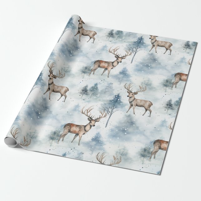 Winter Watercolor Forest Deer (5) Wrapping Paper (Unrolled)