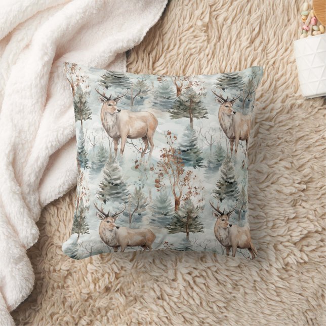 Winter Watercolor Forest Deer (6) Cushion (Blanket)