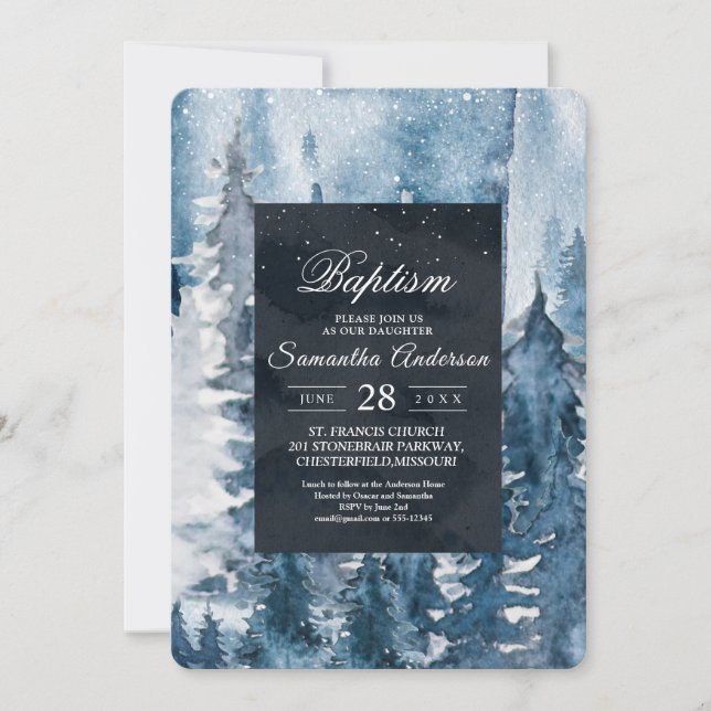 Winter Watercolor Forest & Navy Blue & White Invit Invitation (Front)