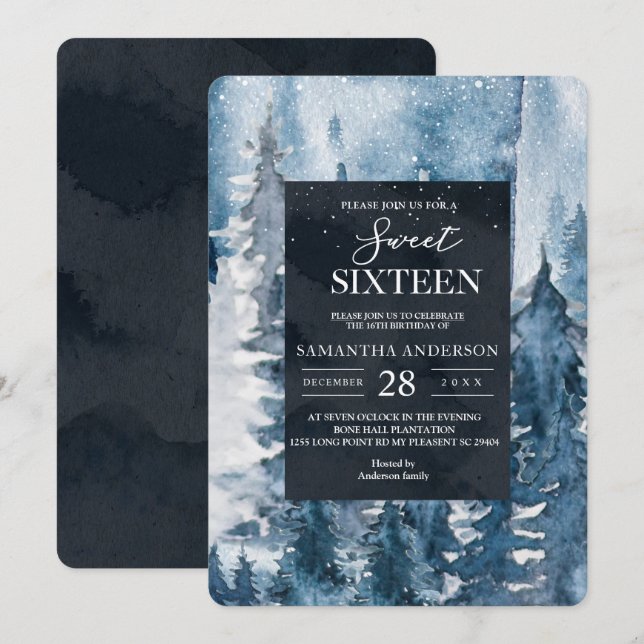 Winter Watercolor Forest & Navy Blue & White Invit Invitation (Front/Back)