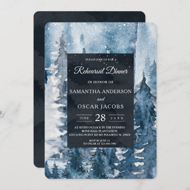 Winter Watercolor Forest & Navy Blue & White Invit Invitation (Front/Back)