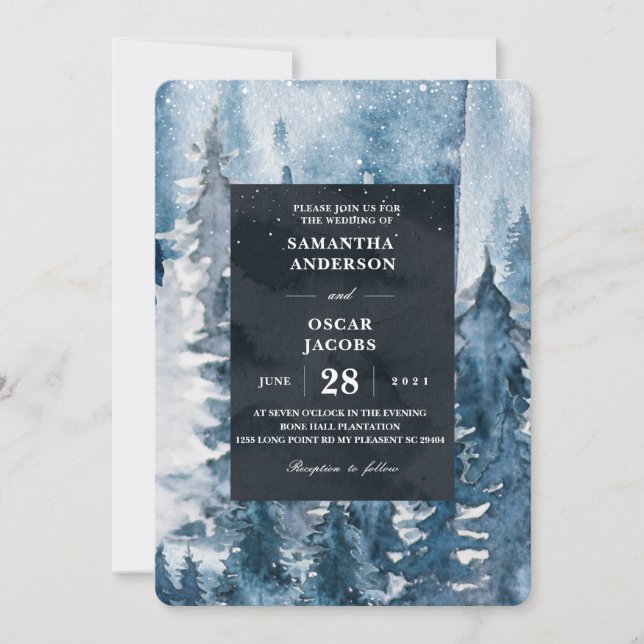 Winter Watercolor Forest & Navy Blue & White Invit Invitation (Front)