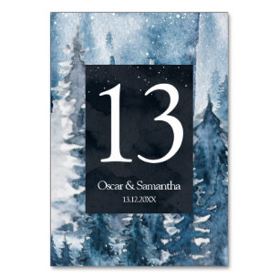 Winter Watercolor Forest & Navy Blue & White Table Table Number