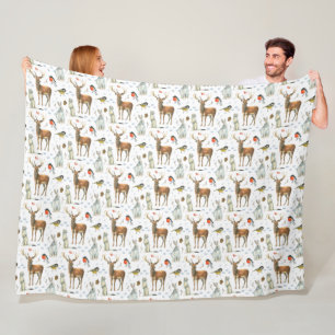 Winter Watercolor Hand Drawn Deer Rabbits Birds Fleece Blanket
