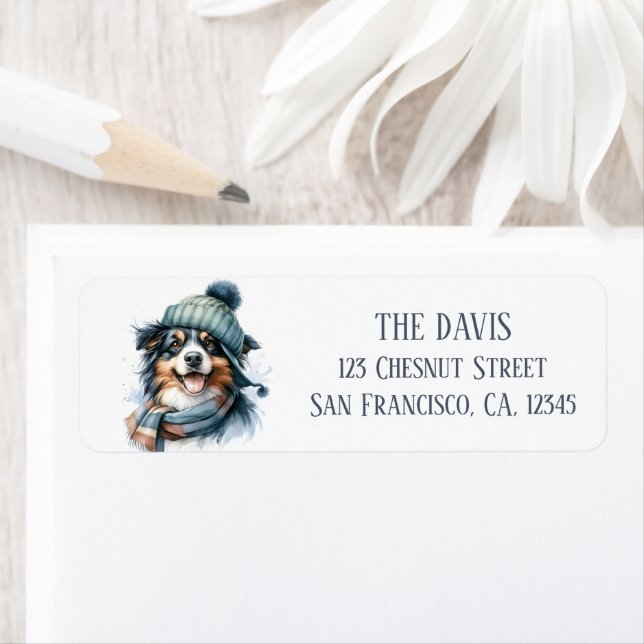 Winter Watercolor Hat Scarf Australian Shepherd - (Insitu)