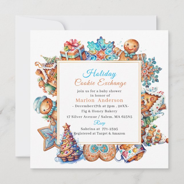 Winter Watercolor Holiday Cookie Exchange Baby Sho Invitation (Front)