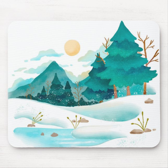 Winter Watercolor Landscape Mouse Mat (Front)