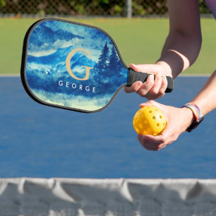 Winter Watercolor Mountains Landscape Monogram Pickleball Paddle