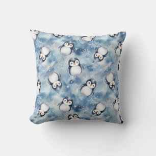 Winter Watercolor Penguin and Snowflakes Cushion