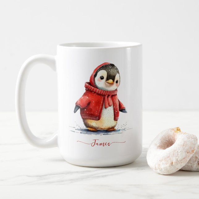 Winter Watercolor Penguin Personalised Christmas Coffee Mug (With Donut)