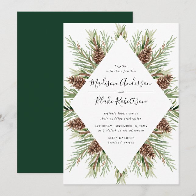 Winter Watercolor Pine Cone Frame Wedding Invitation (Front/Back)