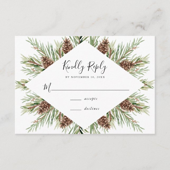 Winter Watercolor Pine Cone Frame Wedding RSVP Enclosure Card (Front)