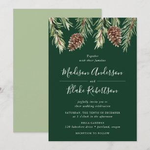 Winter Watercolor Pine Cone Green Wedding Invitation