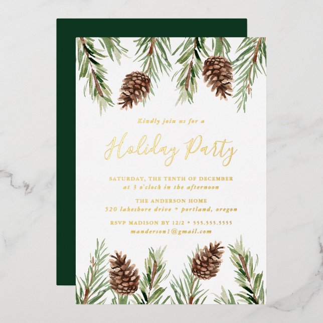 Winter Watercolor Pine Cone Holiday Party (Front/Back)