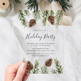 Winter Watercolor Pine Cone Holiday Party Acrylic Invitations