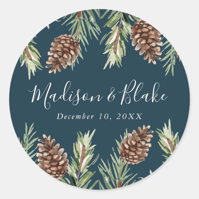 Winter Watercolor Pine Cone Navy Wedding Classic Round Sticker (Front)
