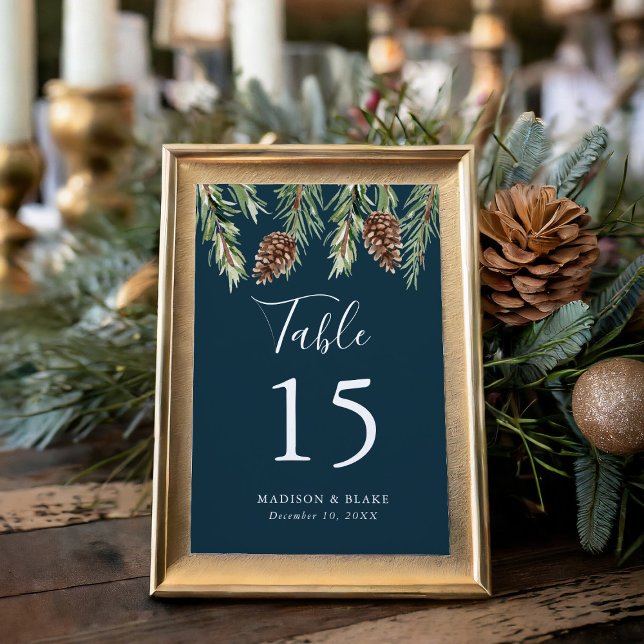 Winter Watercolor Pine Cone Navy Wedding Table Number (Creator Uploaded)